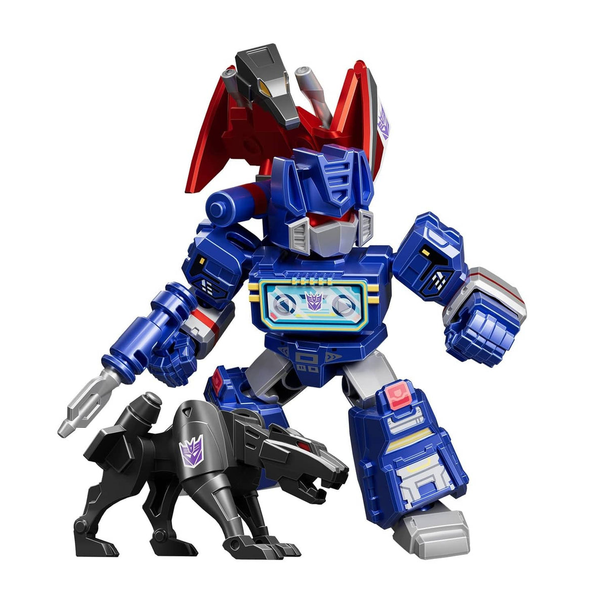 Blue and black Transformers defender robot figure with red wings, posed