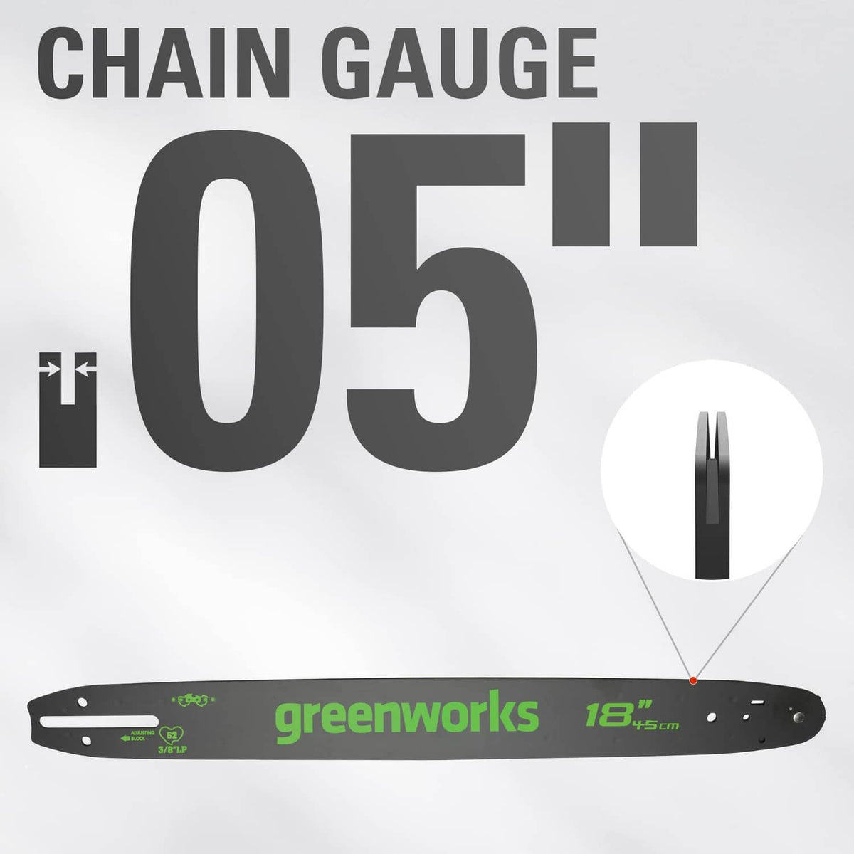 Chainsaw bar and chain gauge, dark 18 in bar with centered depth-gauge detail