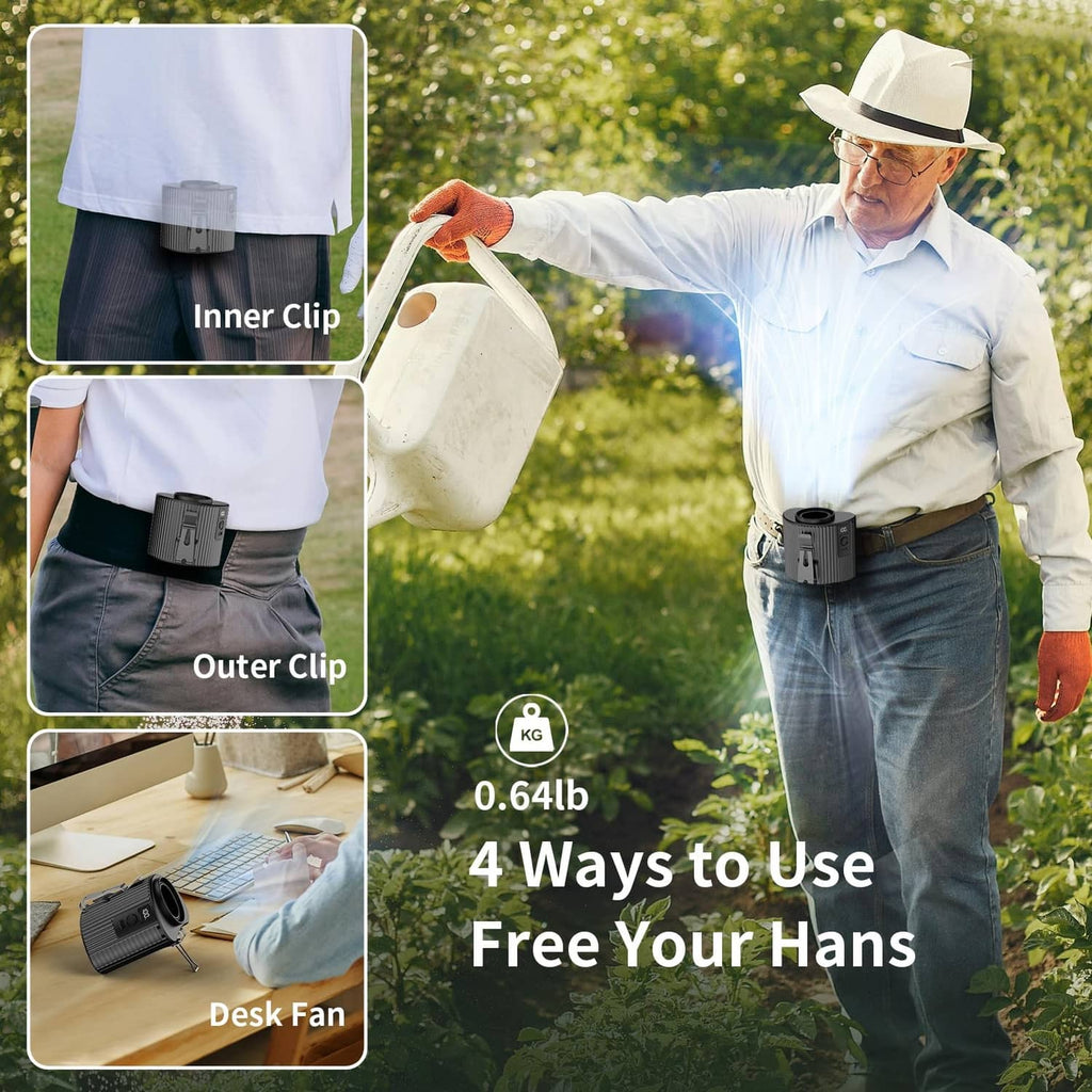 Black waist clip fan with inner and outer clip for hands-free use