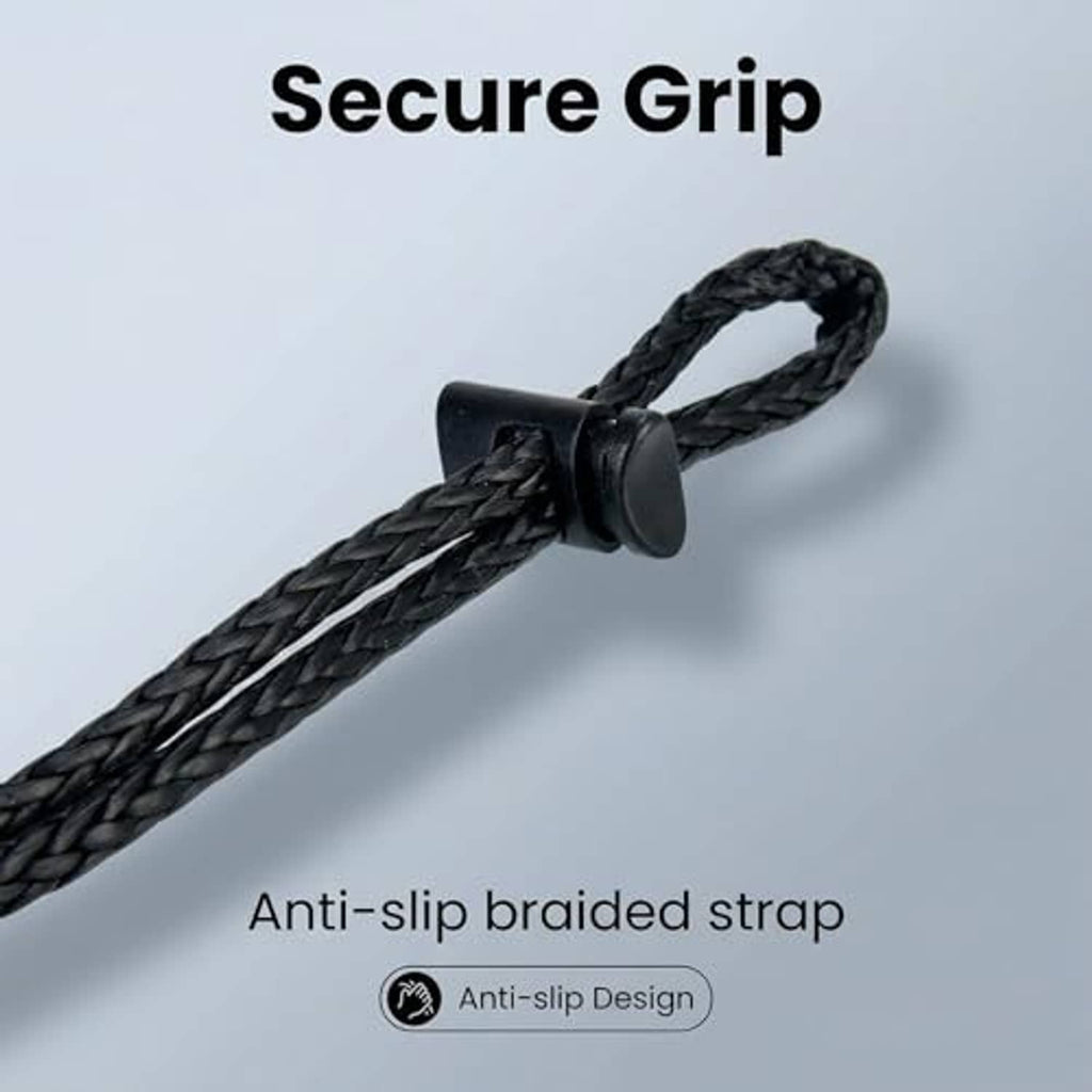 Black anti-slip braided strap with stopper clamp for secure climbing grip