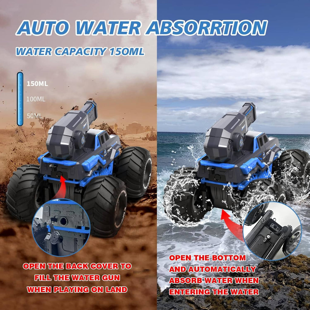Blue and black amphibious RC truck with oversized wheels, splashing and driving on land