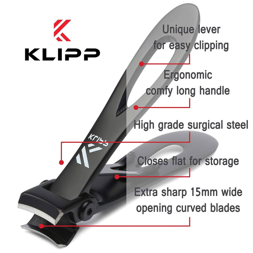 Black KLIPP toenail clippers with ergonomic long handle and curved blades