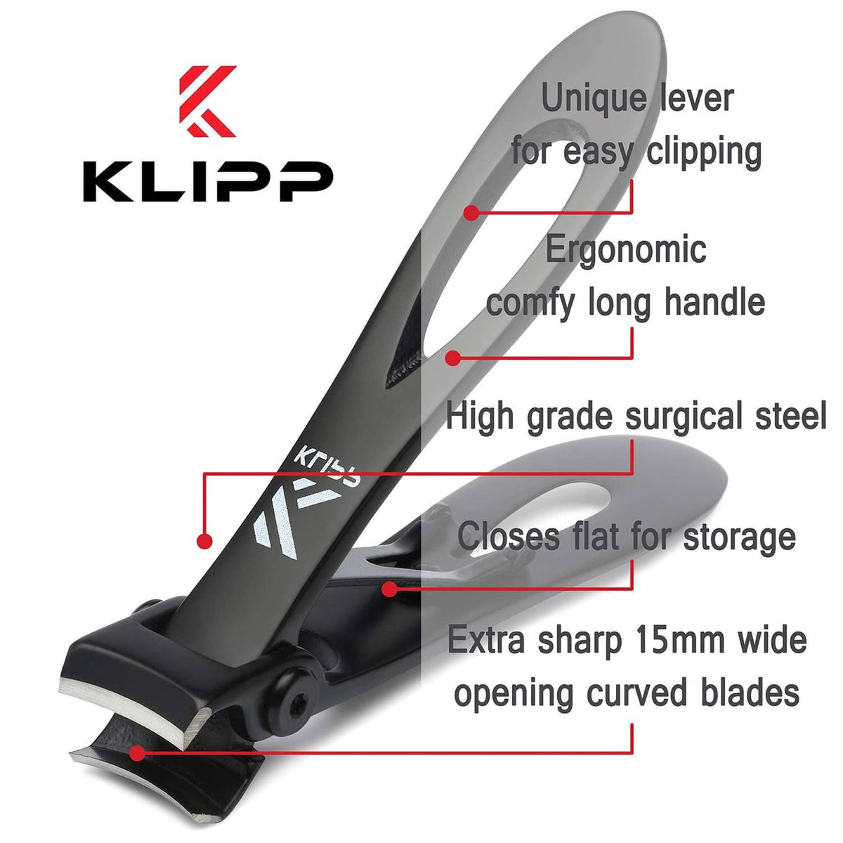Black KLIPP toenail clippers with ergonomic long handle and curved blades