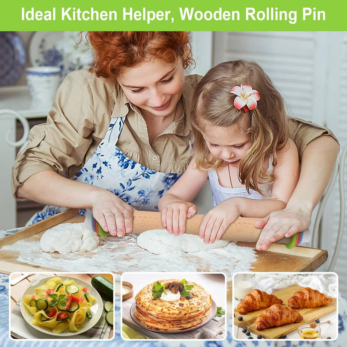 Natural wooden rolling pin with thickness rings used to roll dough on a baking mat.