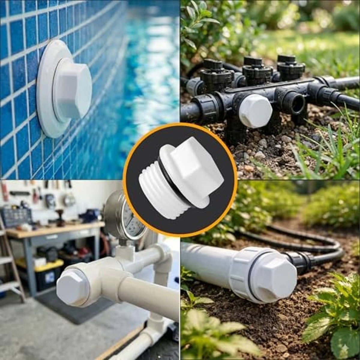 White PVC male threaded plug with black gasket, shown on plumbing setup