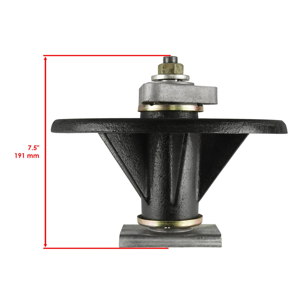 Black mower deck spindle assembly with triangular mounting plate and top bolt