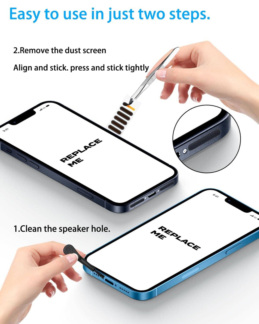 Hands applying a speaker dust screen sticker over the phone speaker hole