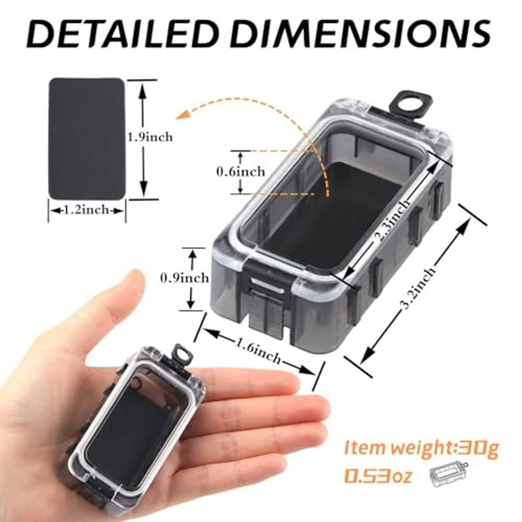 Small clear waterproof tackle box with black insert, shown with hand and size measurements