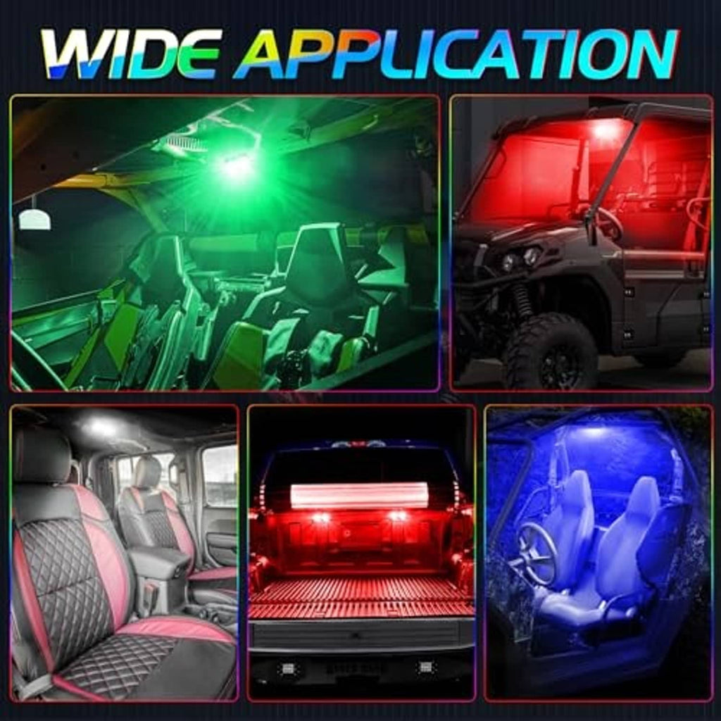 UTV RGBW dome light illuminating cabin interior in green, red, and blue colors