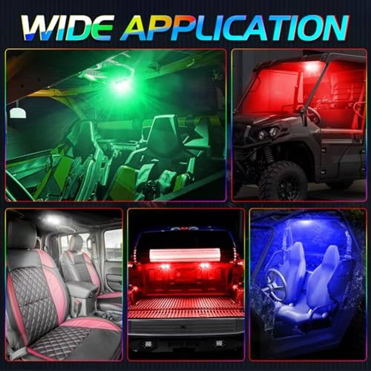 UTV RGBW dome light illuminating cabin interior in green, red, and blue colors