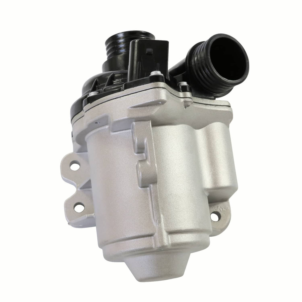 Electric water pump, front view, silver housing with black top and side fittings