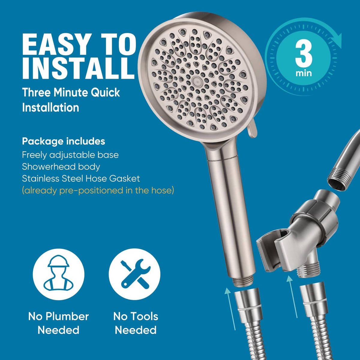 Brushed nickel handheld shower head with hose and 3-minute quick install design