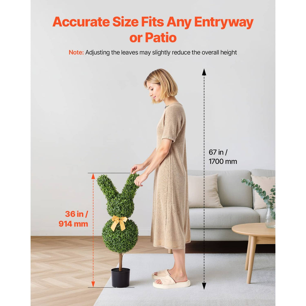 36-inch bunny-shaped boxwood topiary with yellow bow in black pot, for entryway decor.