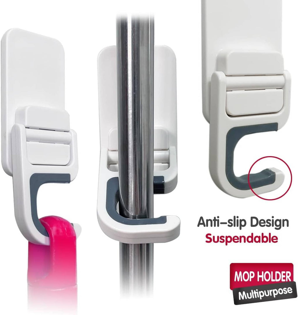 Triple mop holder wall grippers with white mounts and anti-slip gray U rests