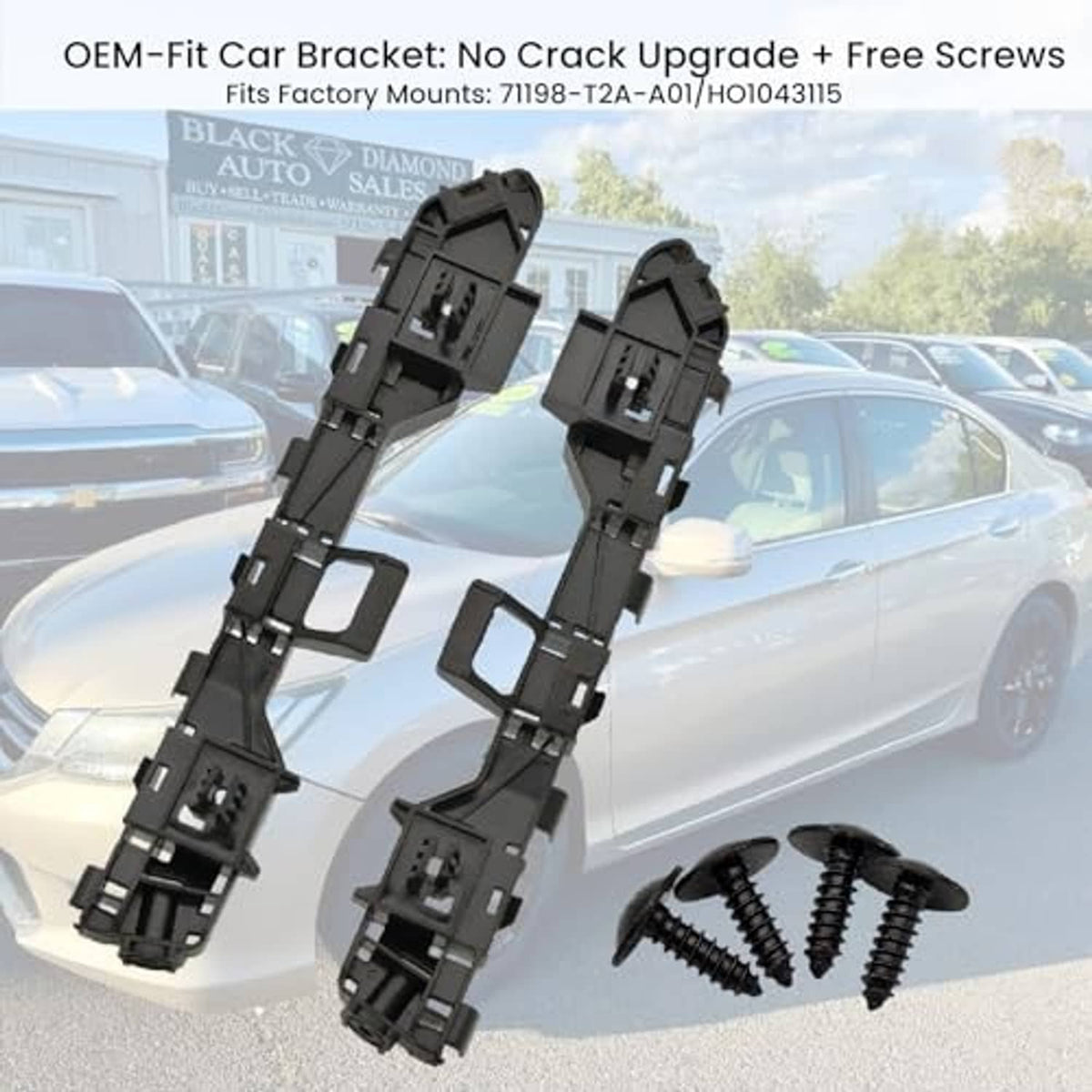Front bumper bracket set, black plastic, left and right, with screws included