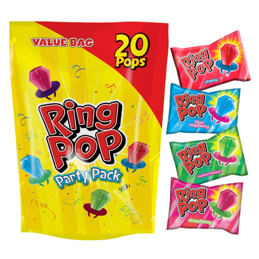 Value Bag of Ring Pop lollipops with 20 counts, plus four individually wrapped packs