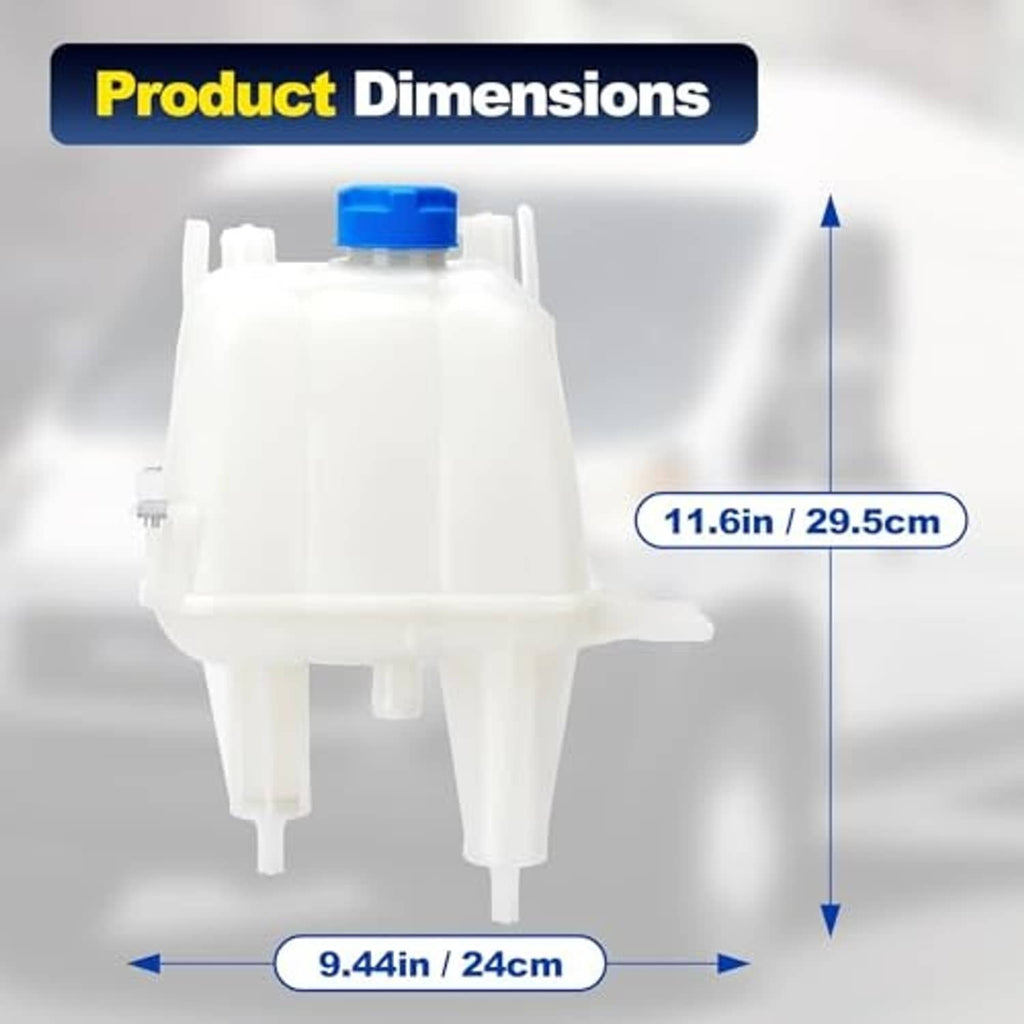 Engine coolant reservoir, front view of white tank with blue cap and supports