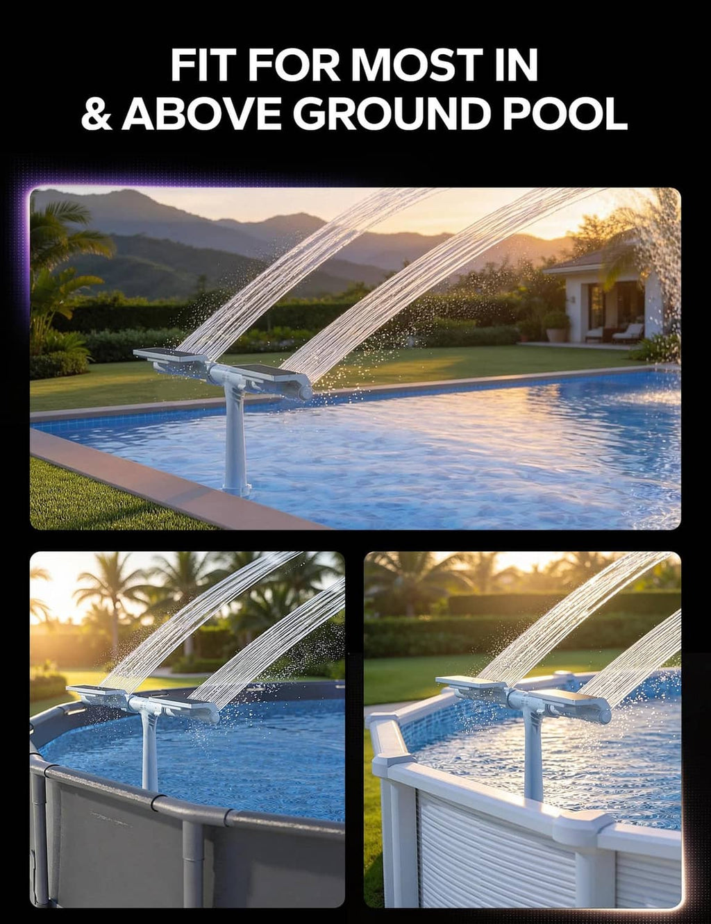 Solar pool fountain with adjustable spray for above-ground or in-ground pools