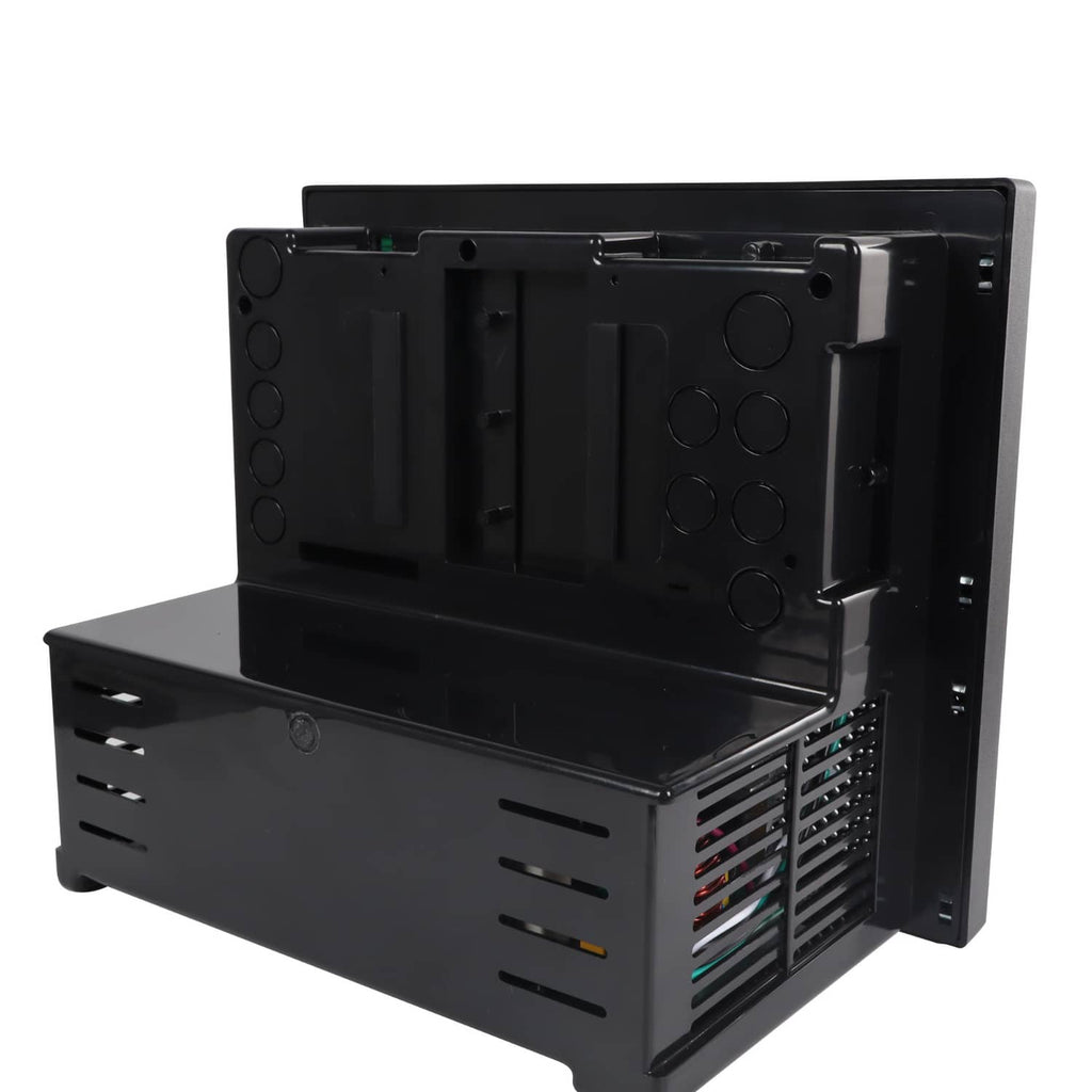 Black RV power converter base with rear open housing and vented side panel