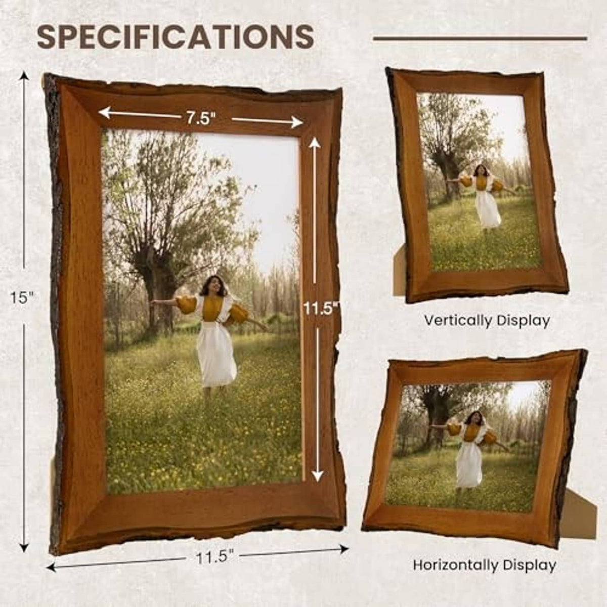 Rustic live-edge wooden picture frame displayed for portrait or landscape orientation