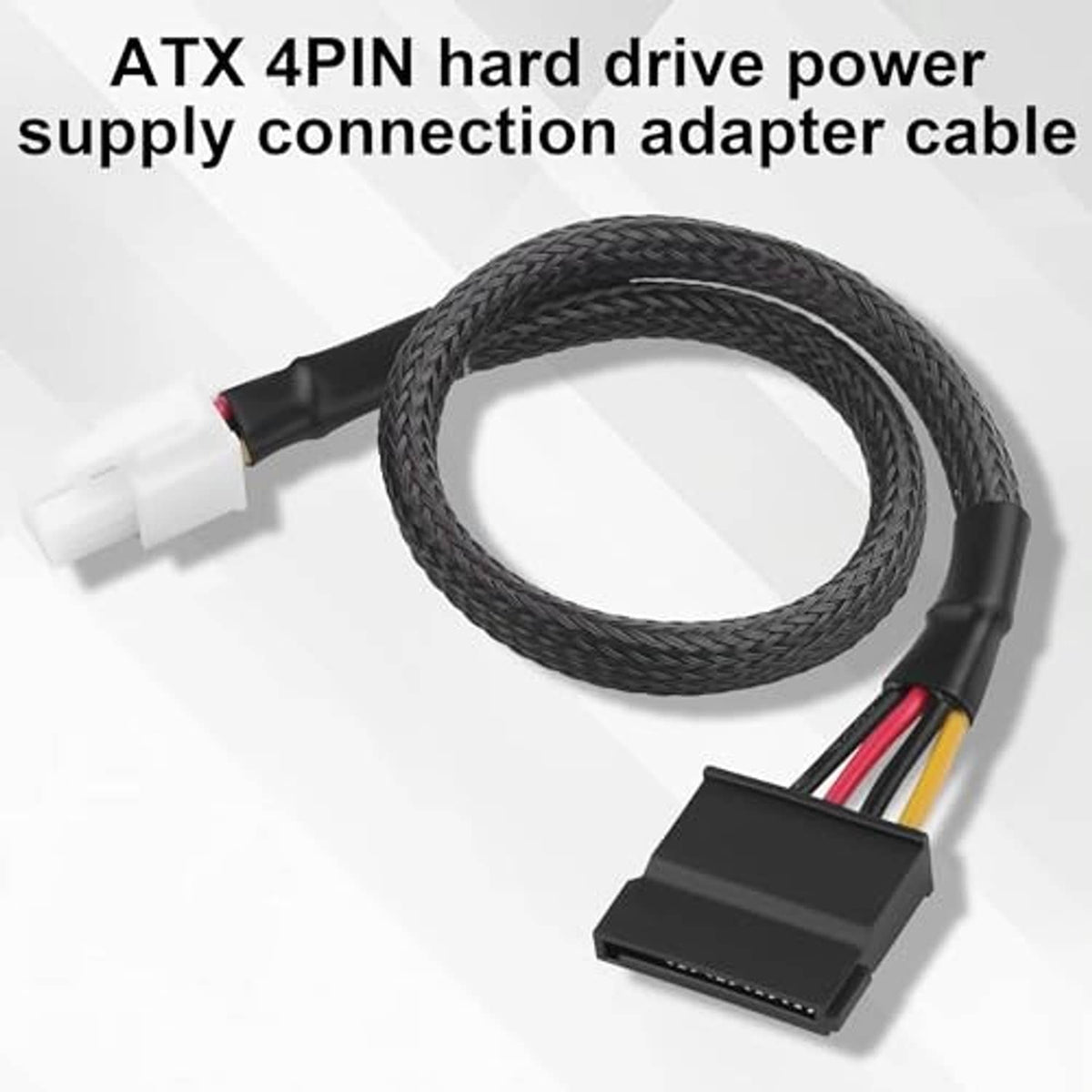 ATX 4-pin to SATA 15-pin adapter cable with black braided sheath and multi-color wire core