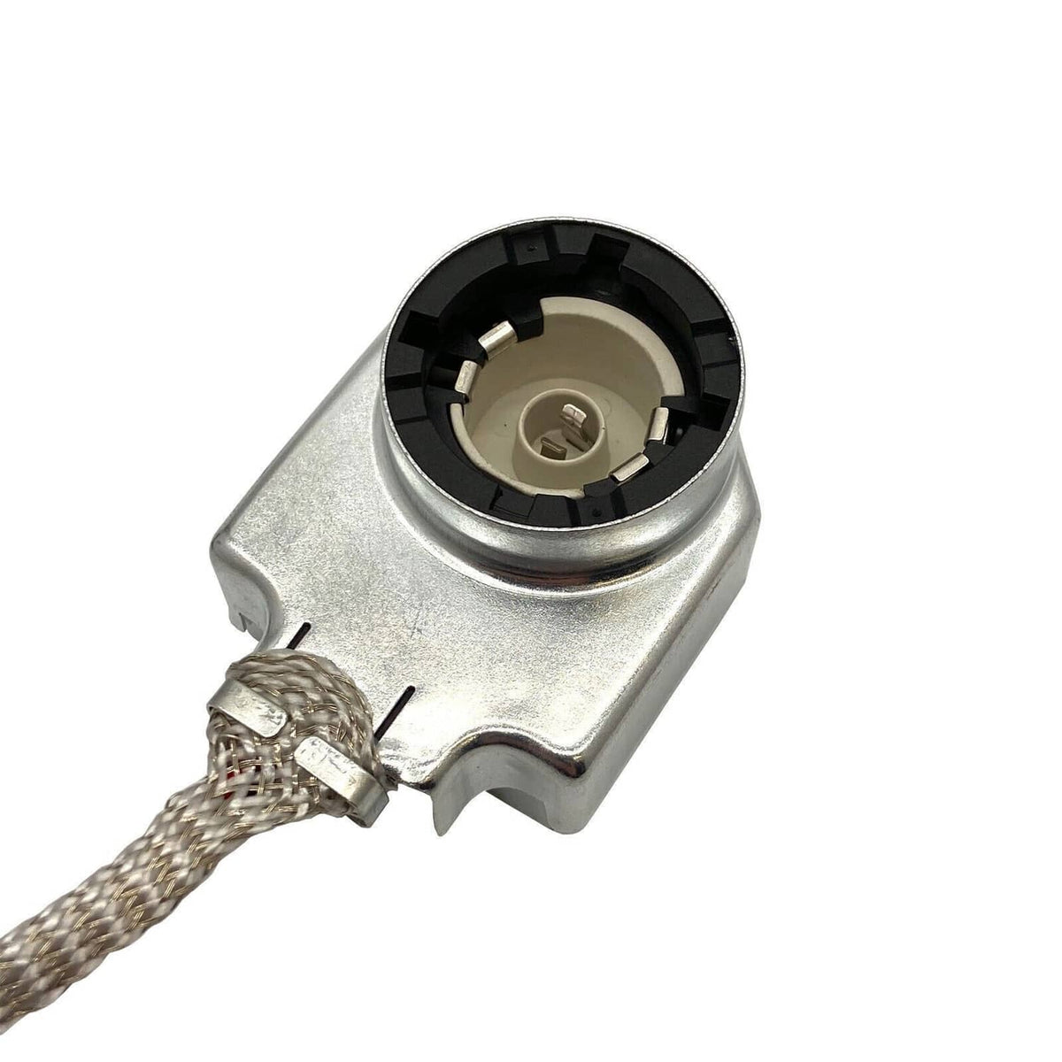 HID xenon igniter housing with black socket and braided wire attached