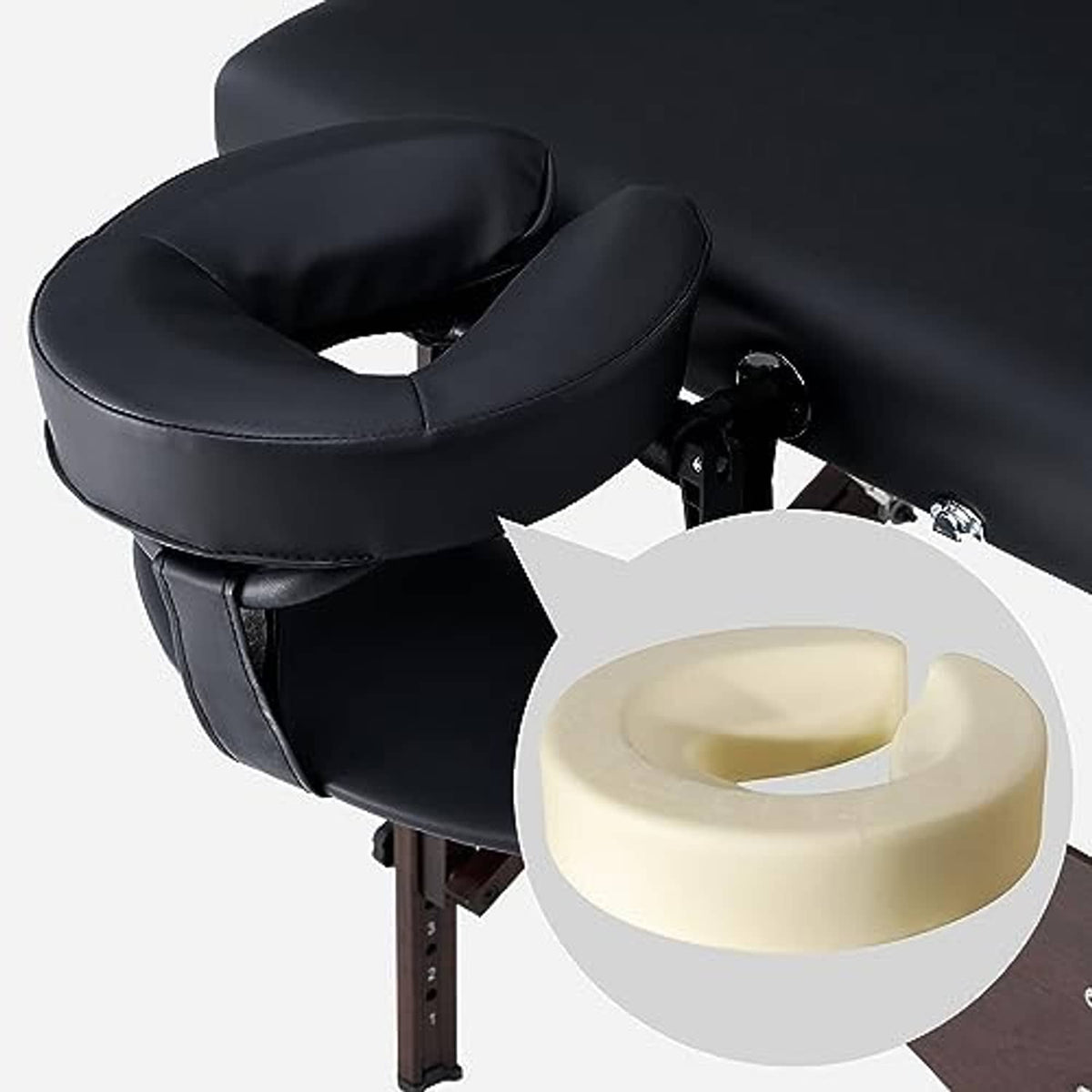 Black massage table headrest with attached face-cushion opening