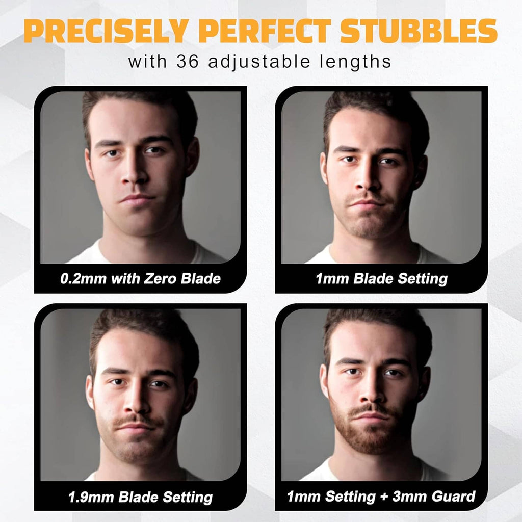 Black trimmer demonstrating adjustable length settings with guard-comb scale