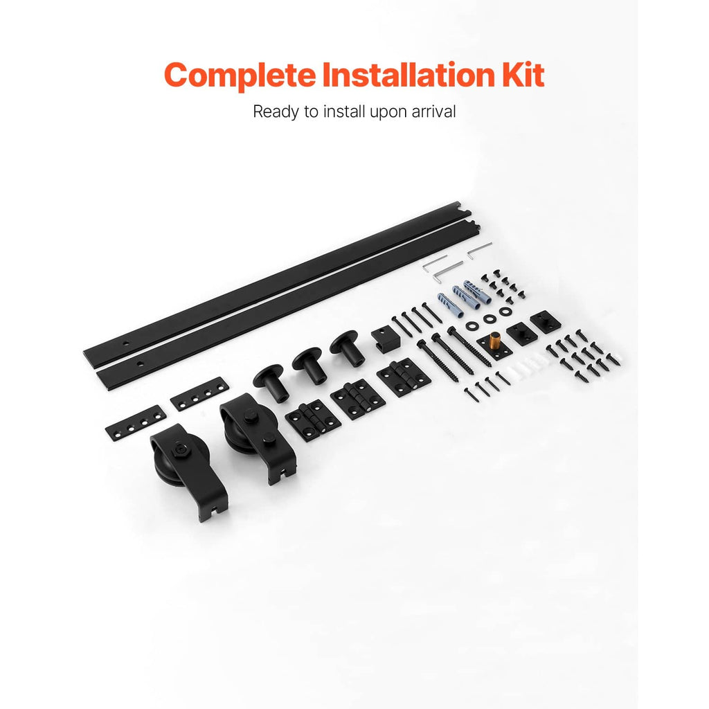 Complete barn door sliding track kit parts: rail bar, rollers, brackets, screws