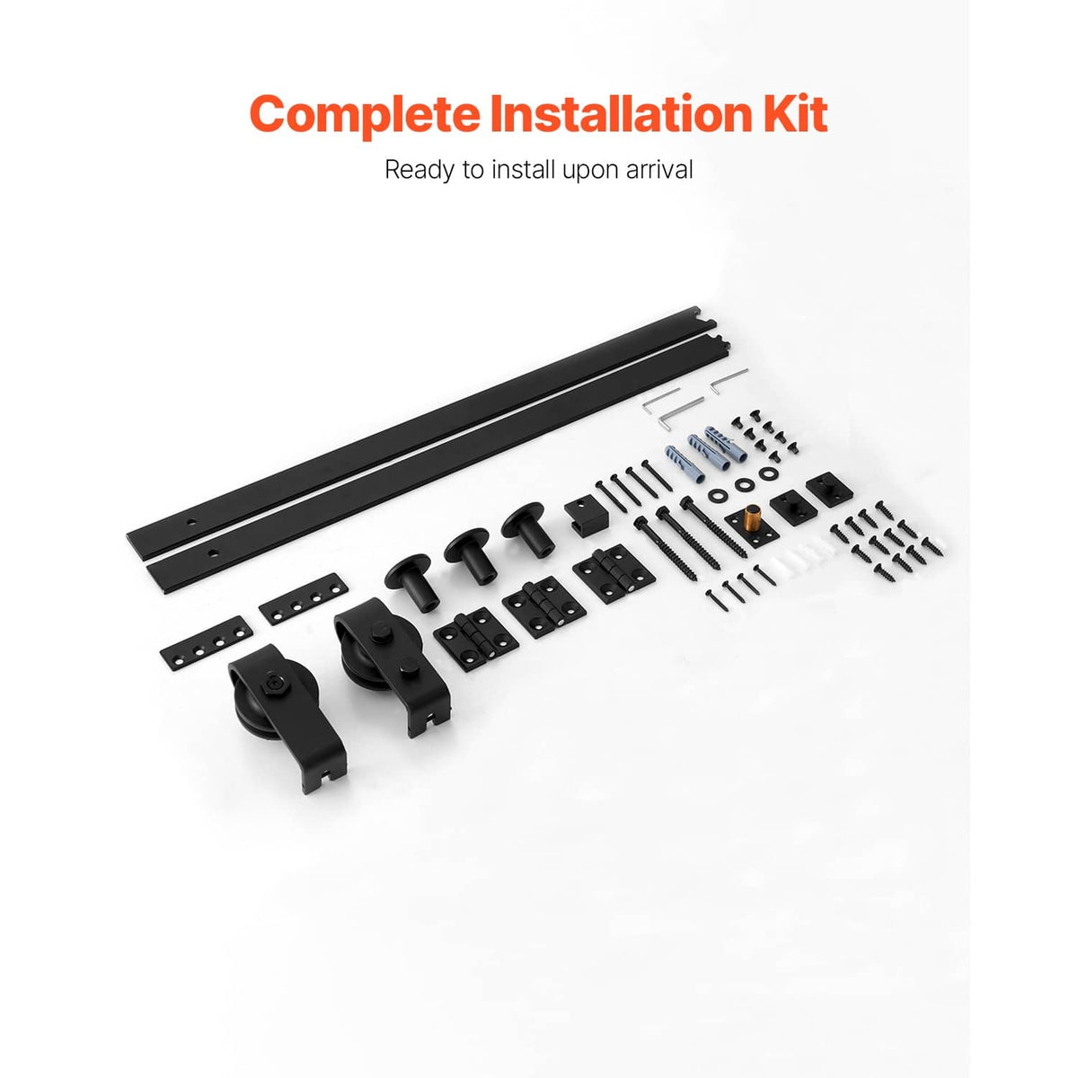 Complete barn door sliding track kit parts: rail bar, rollers, brackets, screws
