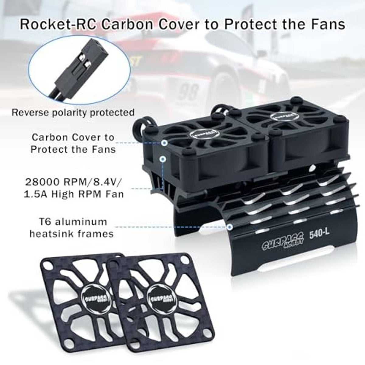 Black twin RC motor cooling fan with carbon fan covers and dual heatsink frames