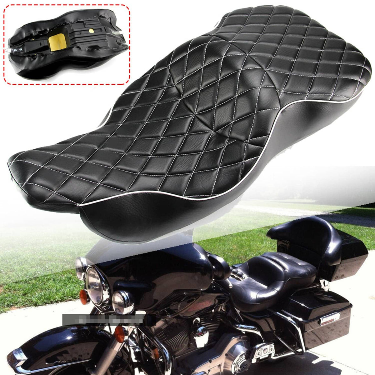 Black motorcycle 2-up seat with diamond quilting and white edge piping, top and side view