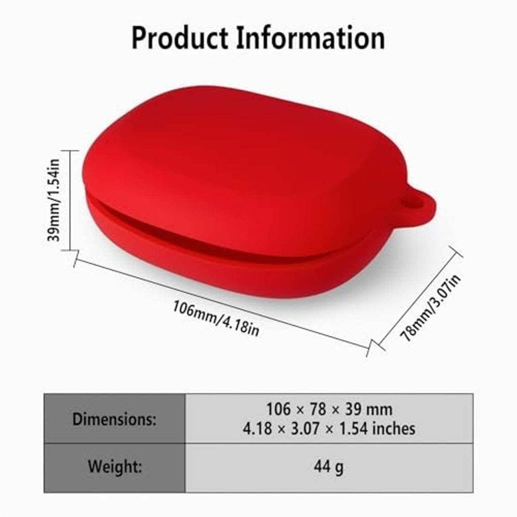 Red silicone earbud case with side loop, rounded protective design