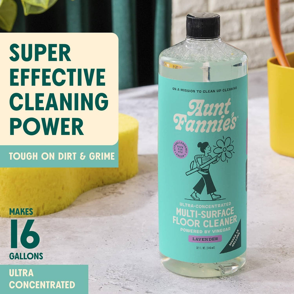 Aunt Fannie's ultra-concentrated floor cleaner bottle, lavender, black cap, front label