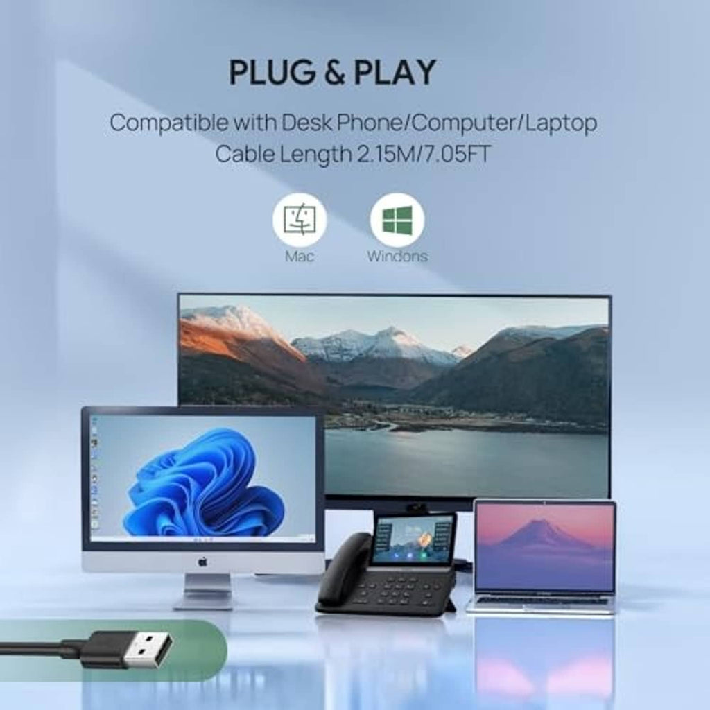 Black wired headset with boom mic and USB plug for laptop or desk phone