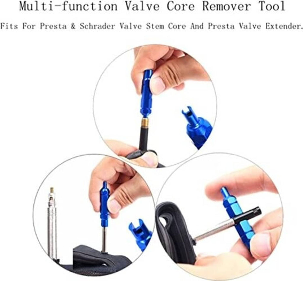 Blue valve core remover tool in use with metal shaft for valve cores