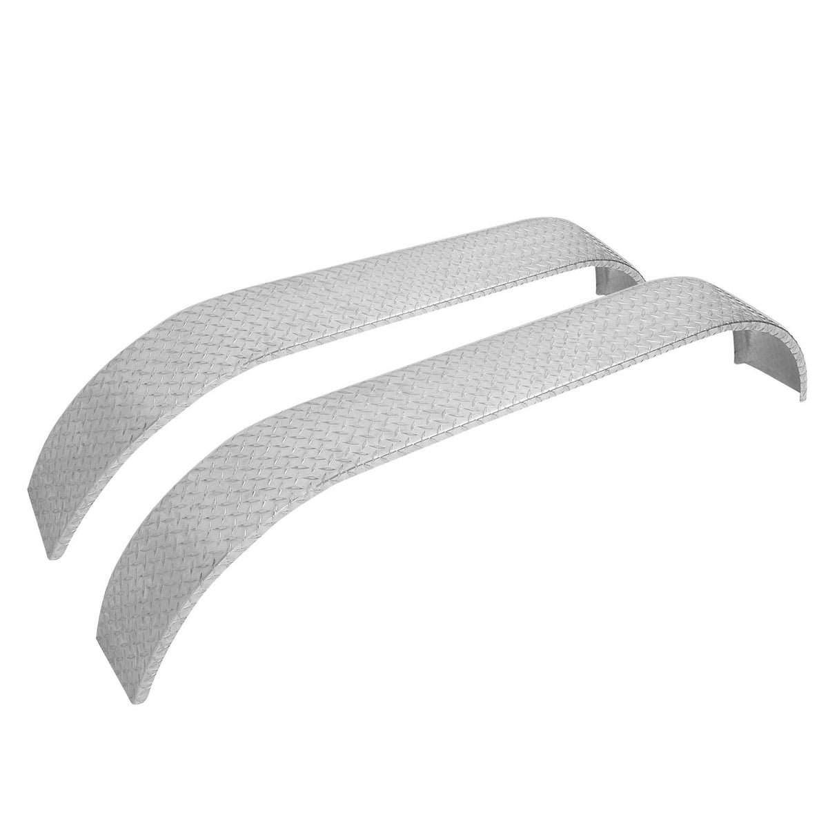 Silver textured teardrop tread plate tandem fender set, overlapping curved edges view