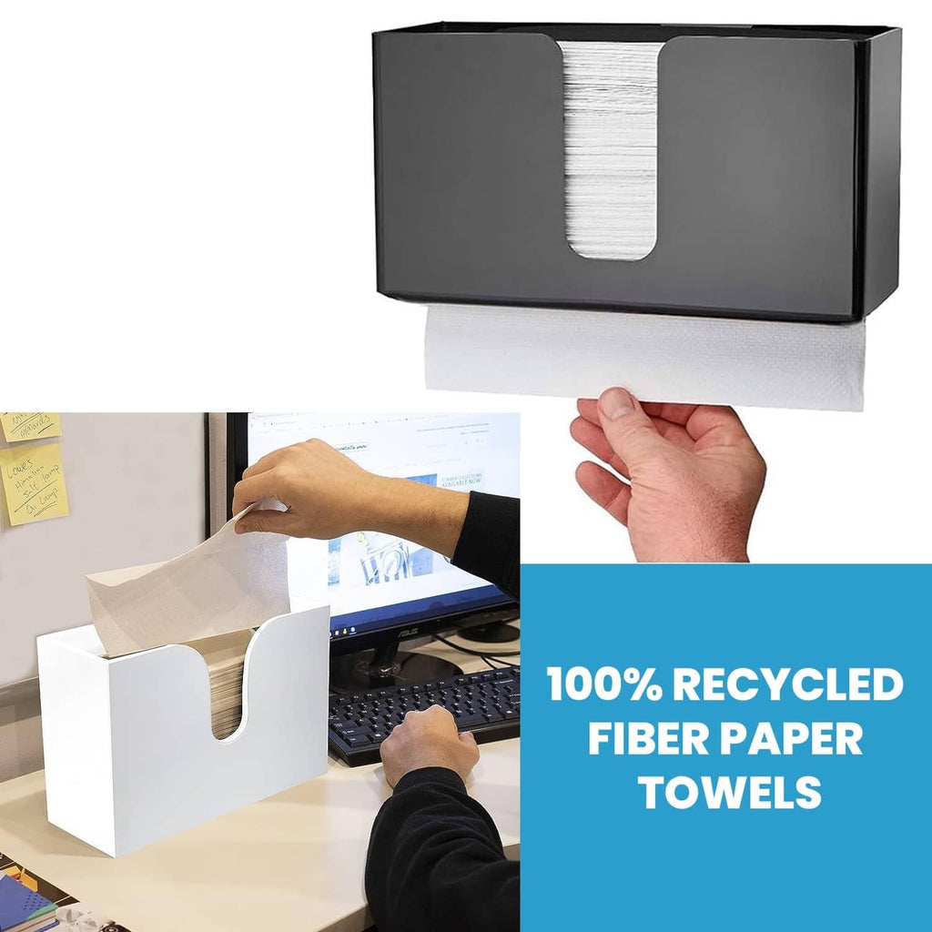 White multi-fold paper towels in black shipping box with dispenser roll