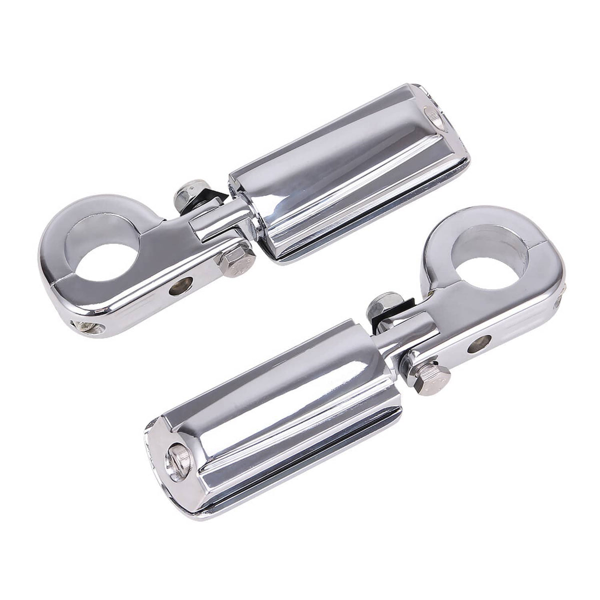 Chrome short highway foot pegs with black pads and bolt-on mounting rings