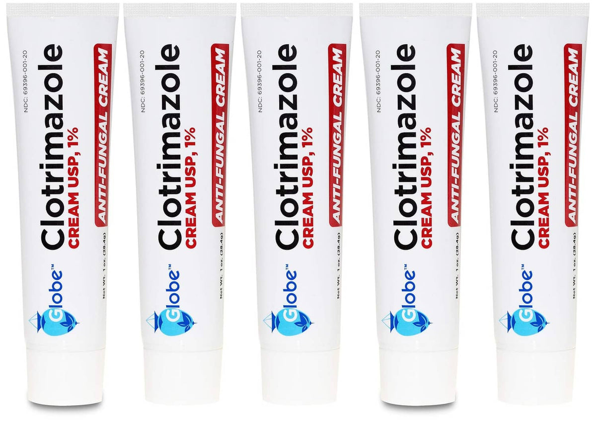 Antifungal cream tubes (5-pack), white with Globe Clotrimazole branding