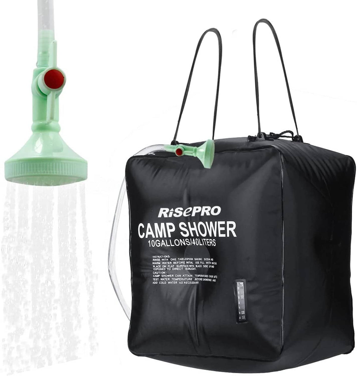 40L camp shower solar heating bag, black fabric with green shower head and thermometer window
