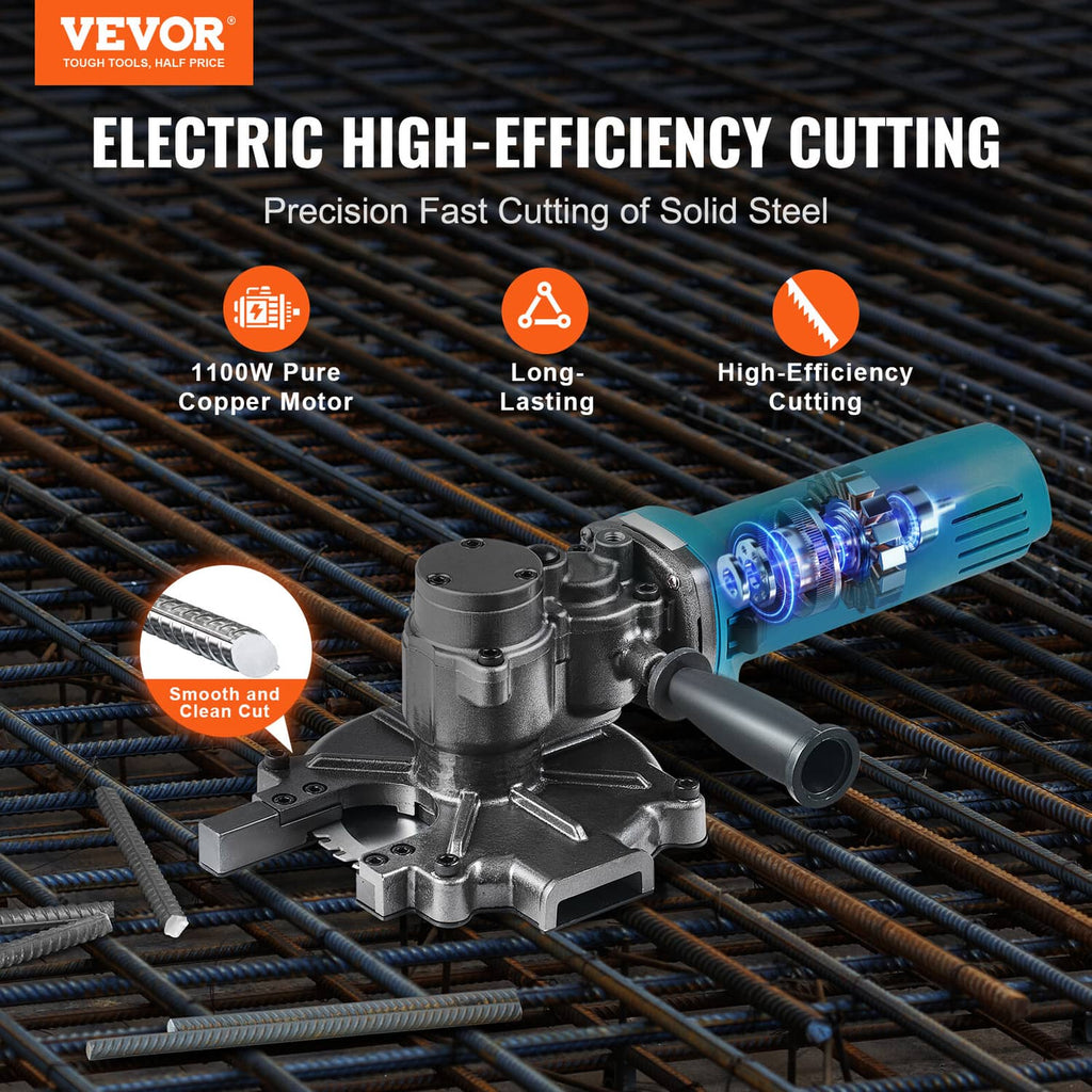 Electric rebar cutter cutting tool shown above steel rebar