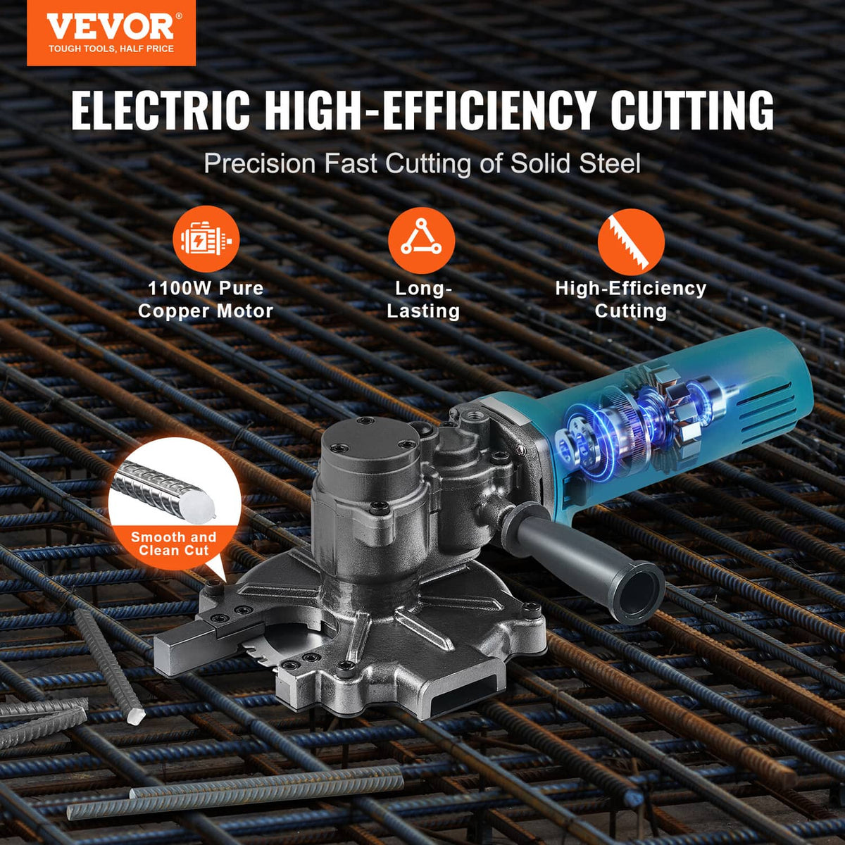 Electric rebar cutter cutting tool shown above steel rebar