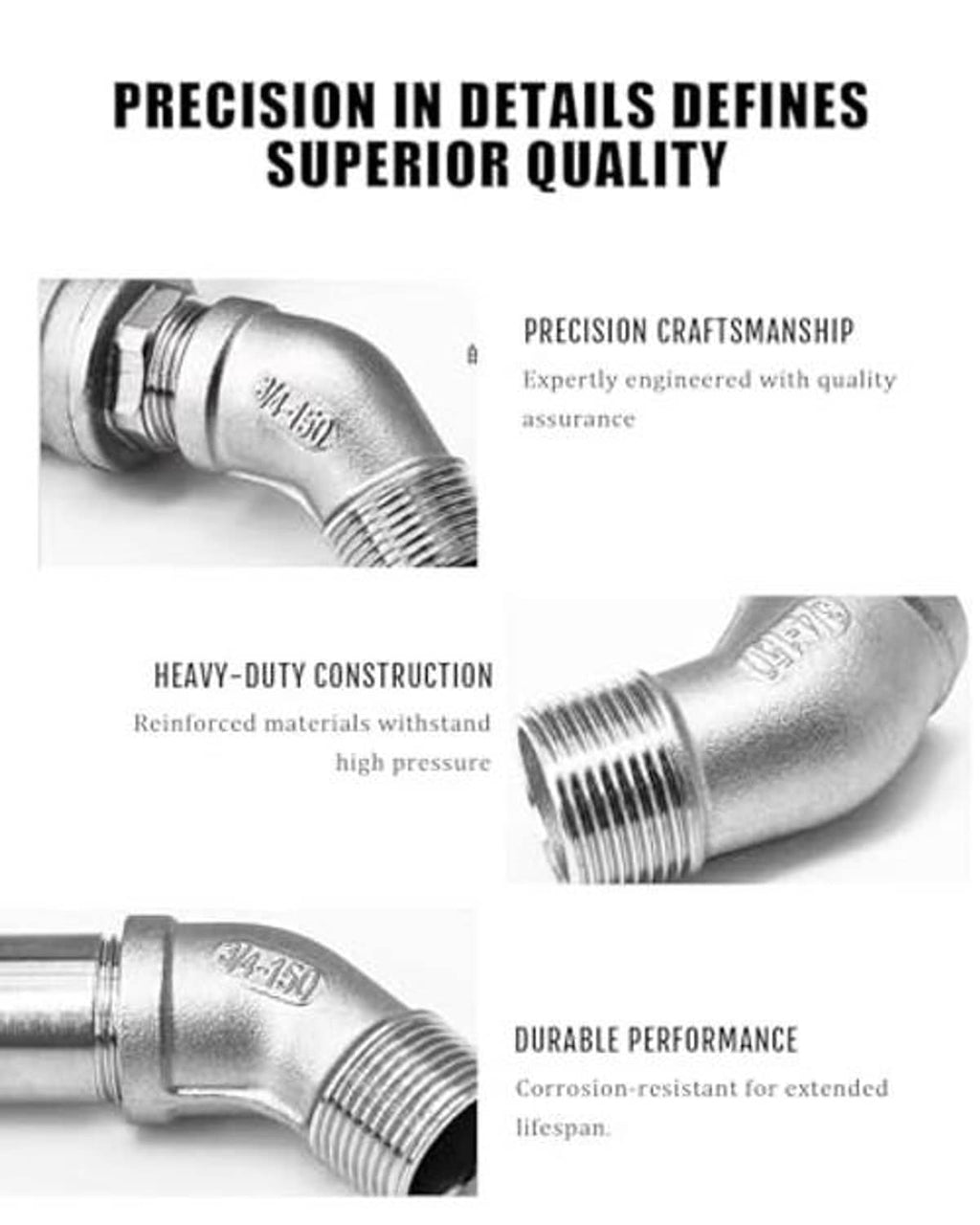 Stainless steel 45-degree elbow pipe fitting close-ups highlighting reinforced and threaded ends