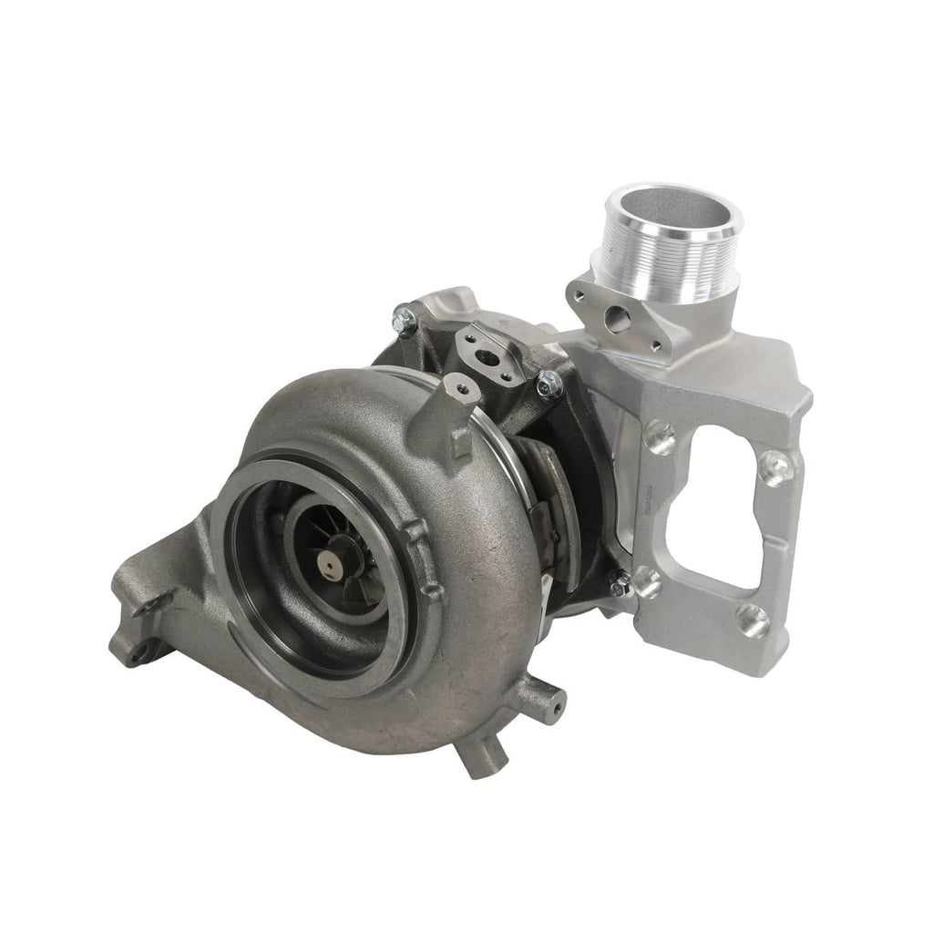 Turbocharger with side view of compressor wheel and mounting bracket