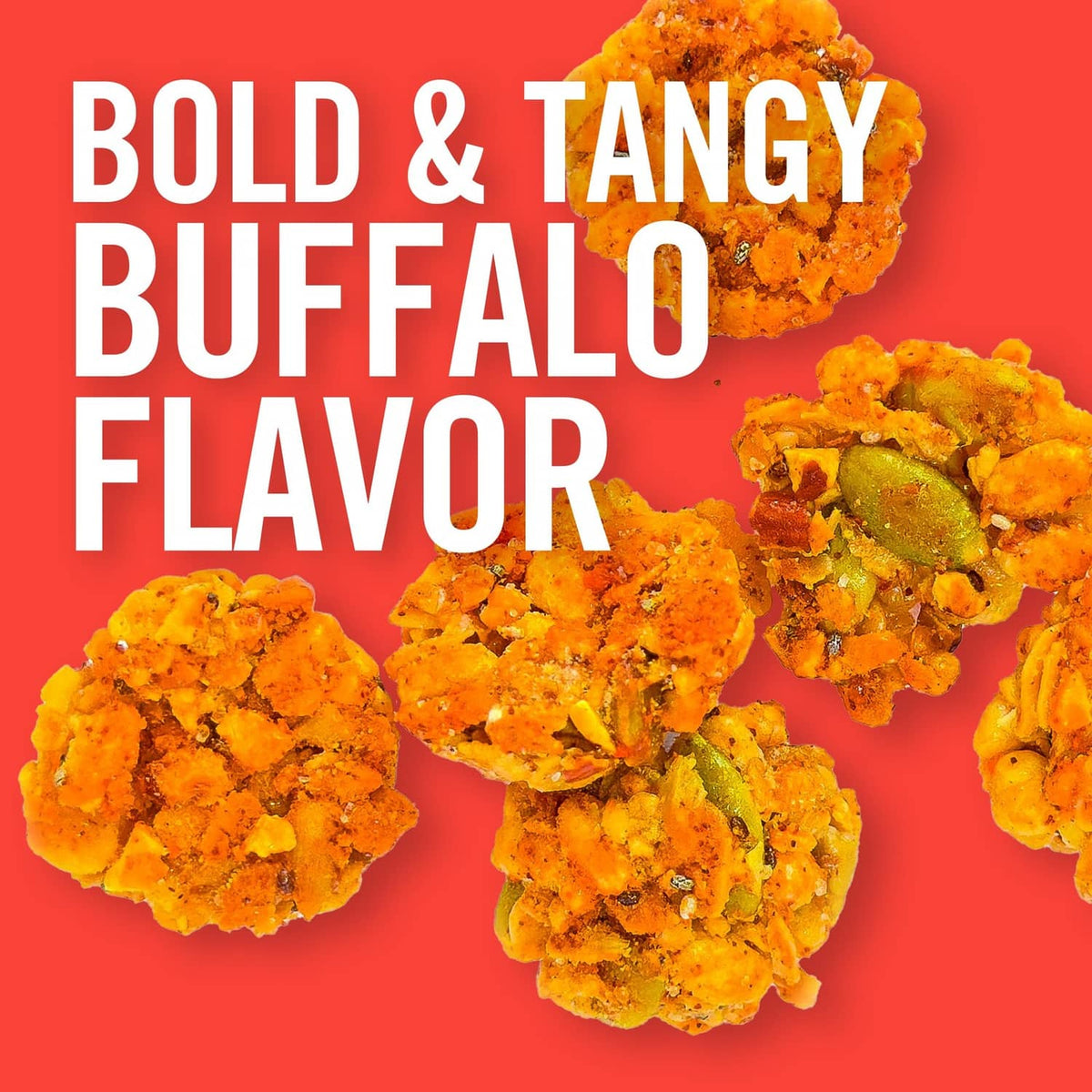 Bold & tangy buffalo flavor snack bites pieces on red promotional background