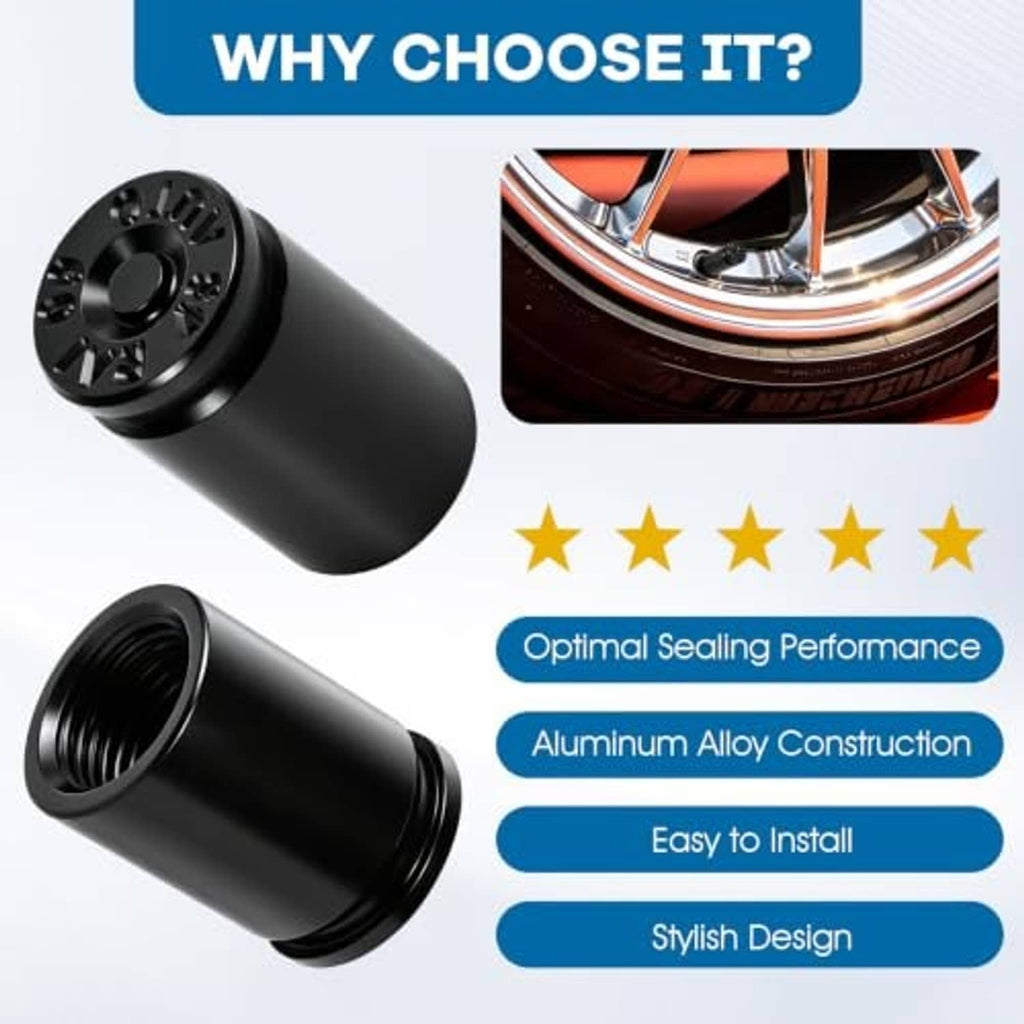 Black valve stem caps in an 8-pack layout, aluminum alloy bullet-shell shape