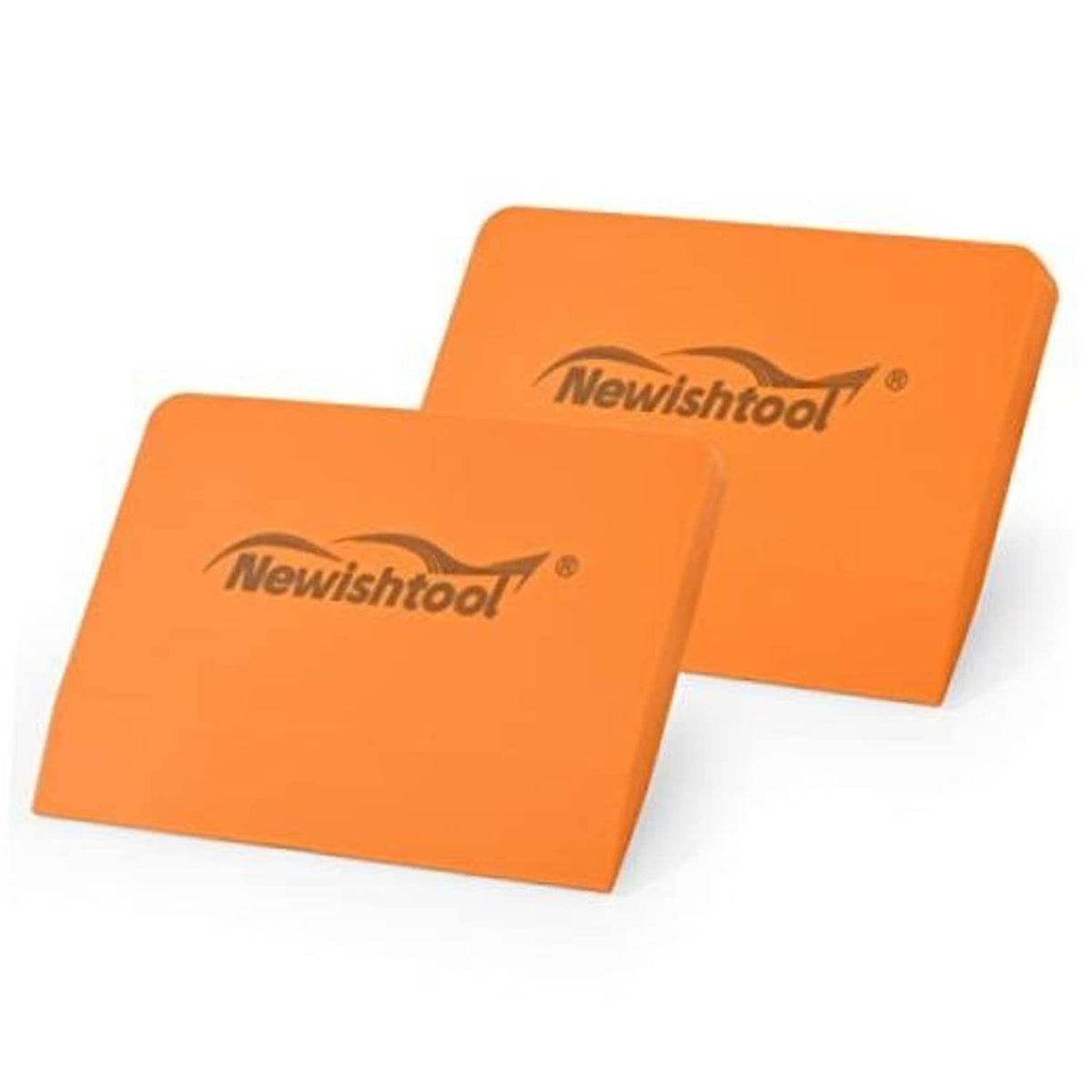 Pair of orange silicone squeegees with rounded rectangular shape and Newishtool logo.