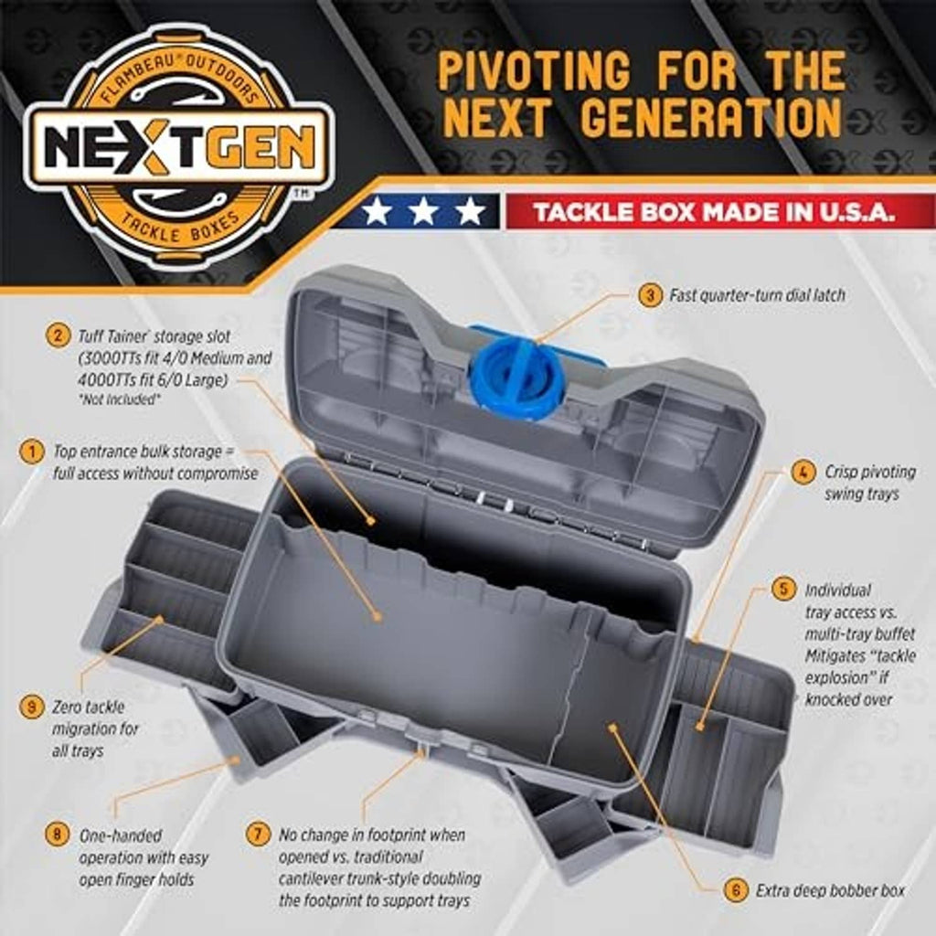 Open light gray fishing tackle box showing pivoting swing trays with blue latch