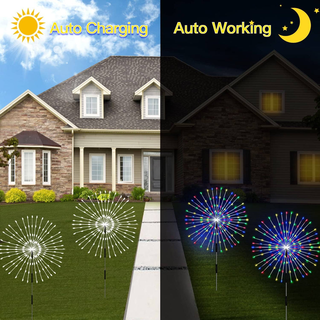 Solar firework lights with RGB bursts, auto charging solar panel on the stake
